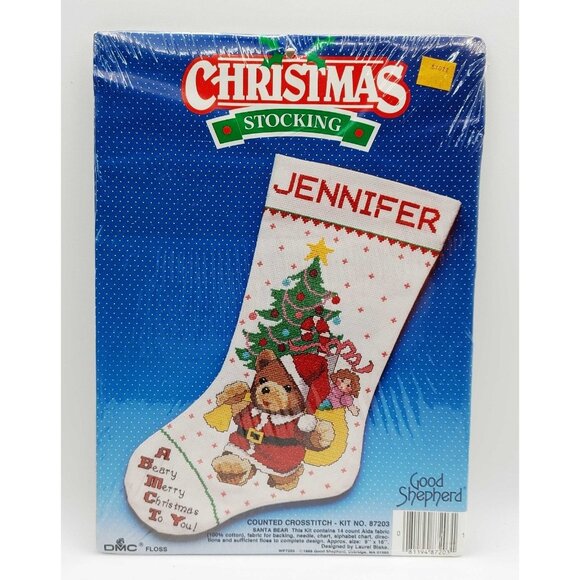 Good Shepherd Counted Cross Stitch Kit Christmas Stocking Santa Bear DMC 87203 - Picture 1 of 2